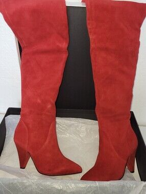 Kurt Geiger "VIOLET" Red Suede Over-the-Knee Pointed Boots with Cone Heel Sz 5.5